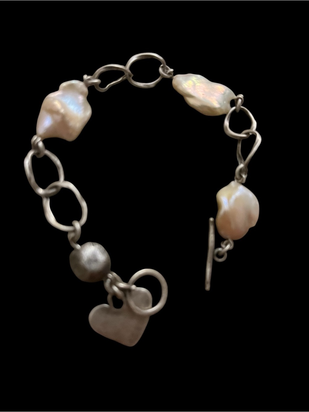 925 Sterling-Link Bracelet with Cream Freshwater Pearls and Heart Charm 6.5